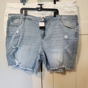 ELOQUII Elements 2 Pairs Distressed Jean Shorts Blue Denim And White NWT Size 28